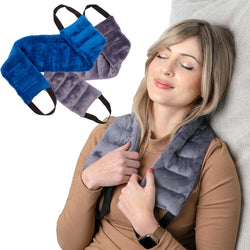 a woman relaxing with a pillow and microwavable heating pad on her neck